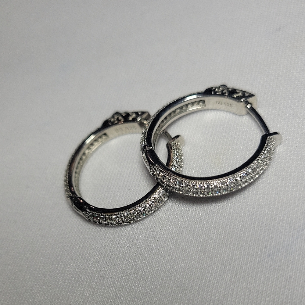Sterling 925 Silver Hoop Earrings, Crystal Embellished with Triple AAA CZ